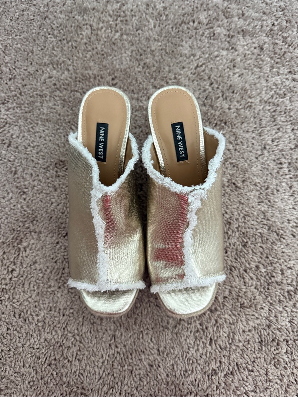 Nine West Gold Metallic Open-Back Fringe Mules